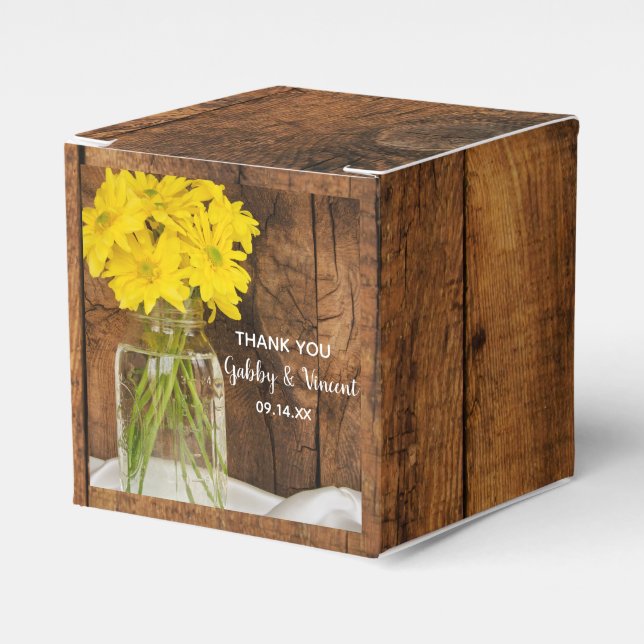 Imitate Barn Wood Mason Jar Yellow Daisies Hochzei Geschenkschachtel (Vorderseite)