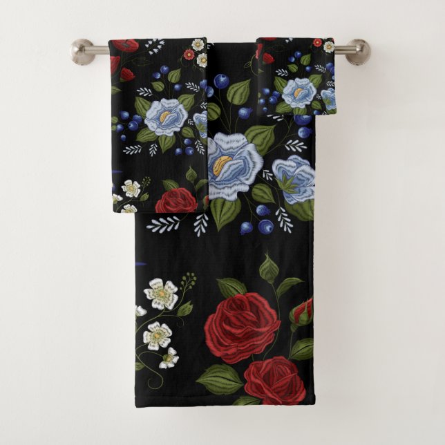 Imitate bestickt mit Rot und Blau Badhandtuch Set (Insitu)