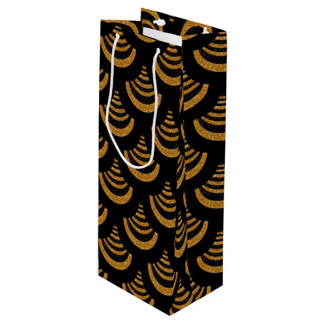 Imitate Black & Gold Glitzer | Art Deco Geschenktüte Für Weinflaschen (Vorderseite Schrägansicht)