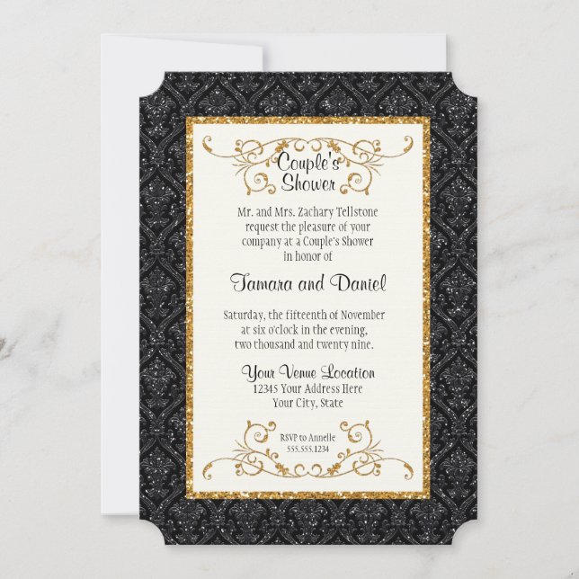 Imitate Black Gold Glitzer Damask Ticket Style Ein Einladung (Vorderseite)
