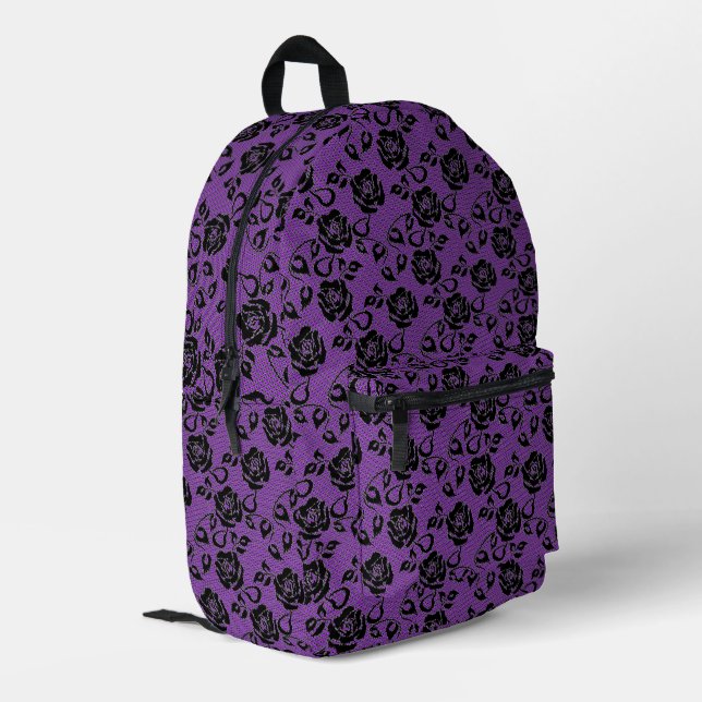 Imitate Black Lace Rose Fishnet Lila Backpack Bedruckter Rucksack (Rückseitige Ecke links)
