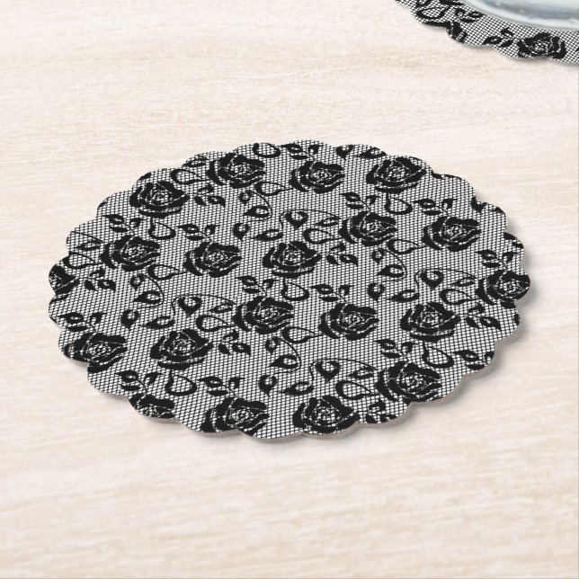Imitate Black Lace Rose Fishnet Paper Untersetzer (angewinkelt)