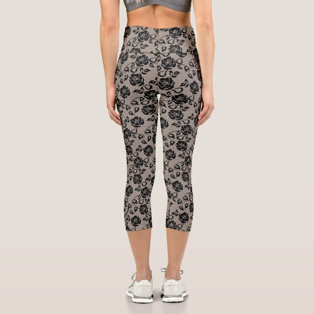 Imitate Black Rose Lace Fishnet - Romantisches Ele Capri Leggings (Rückseite)