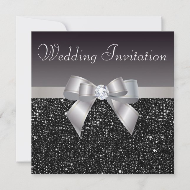 Imitate Black Sequins, Silberbow & Diamond Wedding Einladung (Vorderseite)