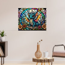 Imitate Bleibespannter Glasdrache mit Blume Poster