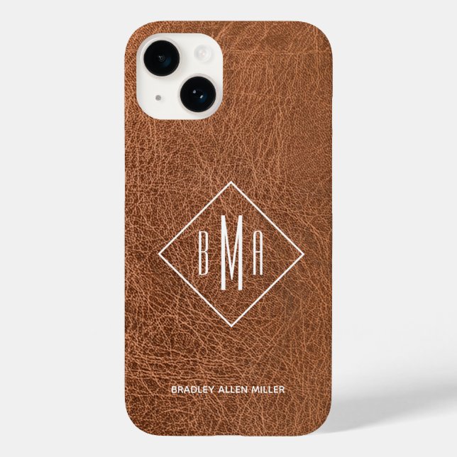 Imitate Brown Leather Monogram Case-Mate iPhone 14 Hülle (Rückseite)