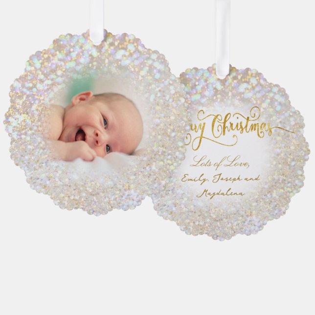 Imitate bukee Glitzer Effekt Baby Foto Ornament Karte (Vorderseite/Rückseite)