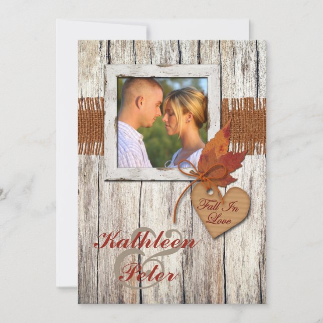 IMITATE Burlap, Holz, Blätter, FOTO Hochzeit Herz Einladung (Vorderseite)