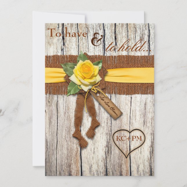 IMITATE Burlap, Holz, Gelbe Rose Hochzeitsempfang Einladung (Vorderseite)
