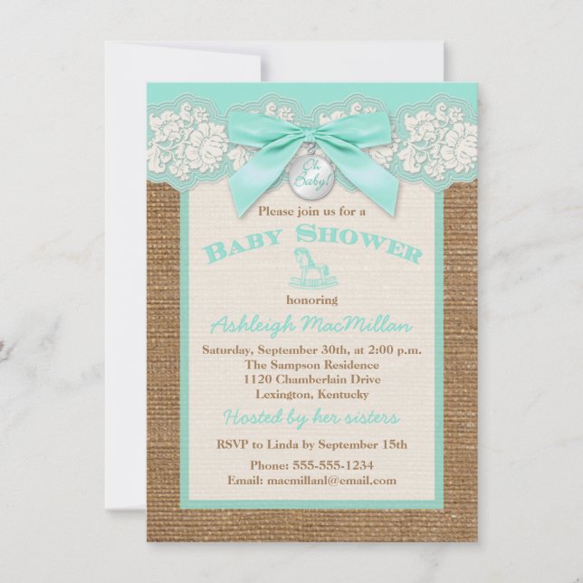IMITATE Burlap Ivory Lace, Aqua Baby Dusche einlad Einladung (Vorderseite)
