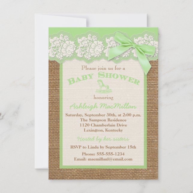 IMITATE Burlap Ivory Lace, Green Baby Dusche einla Einladung (Vorderseite)