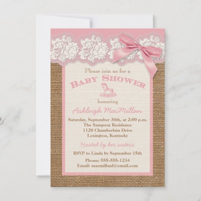 IMITATE Burlap Ivory Lace, Pink Baby Dusche einlad Einladung (Vorderseite)