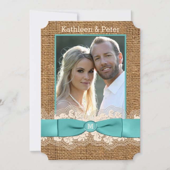 IMITATE Burlap, Lace, Bow FOTO Wedite - Aqua Einladung (Vorderseite)