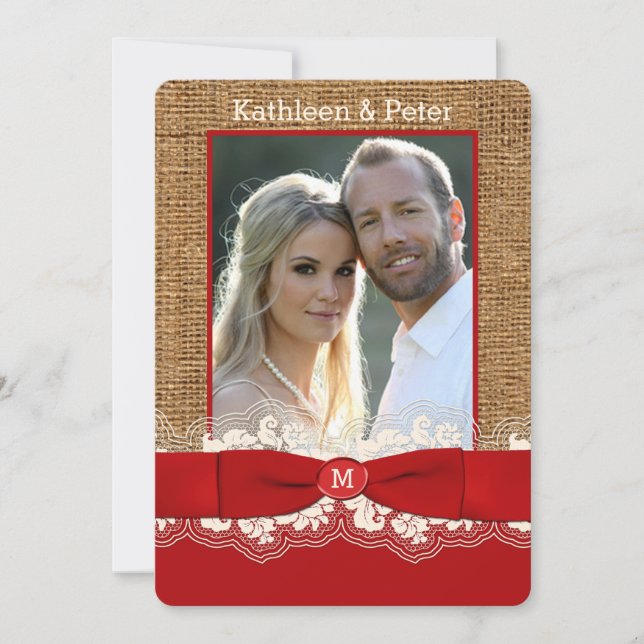 IMITATE Burlap, Lace, Bow FOTO Wedite Invite, Red  Einladung (Vorderseite)
