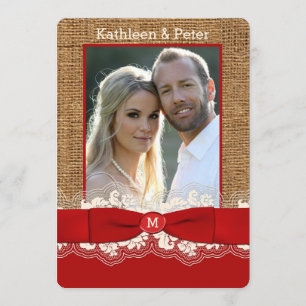 IMITATE Burlap, Lace, Bow FOTO Wedite Invite, Red  Einladung