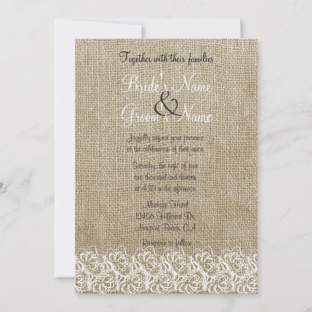 Imitate Burlap und Lace Einladung (Vorderseite)