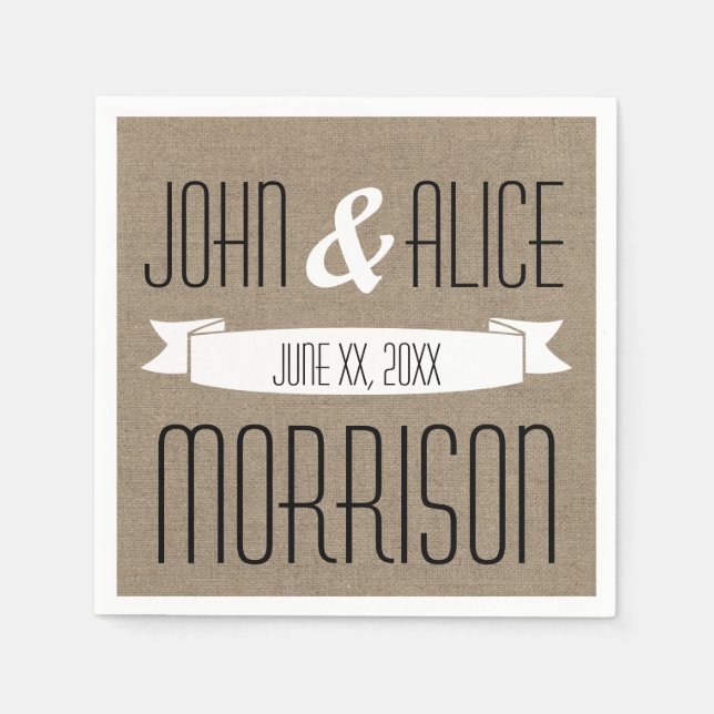 Imitate Burlap White Ribbon Monogram Paper Napkins Serviette (Vorderseite)