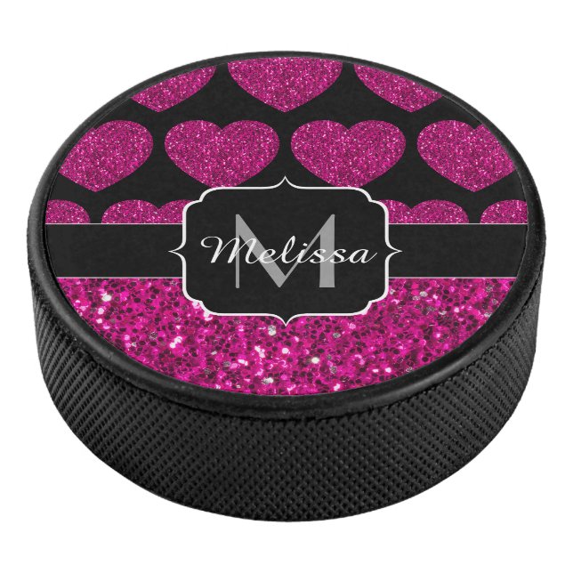 Imitate des heißen rosa Herzens Monogramm Eishockey Puck (3/4)