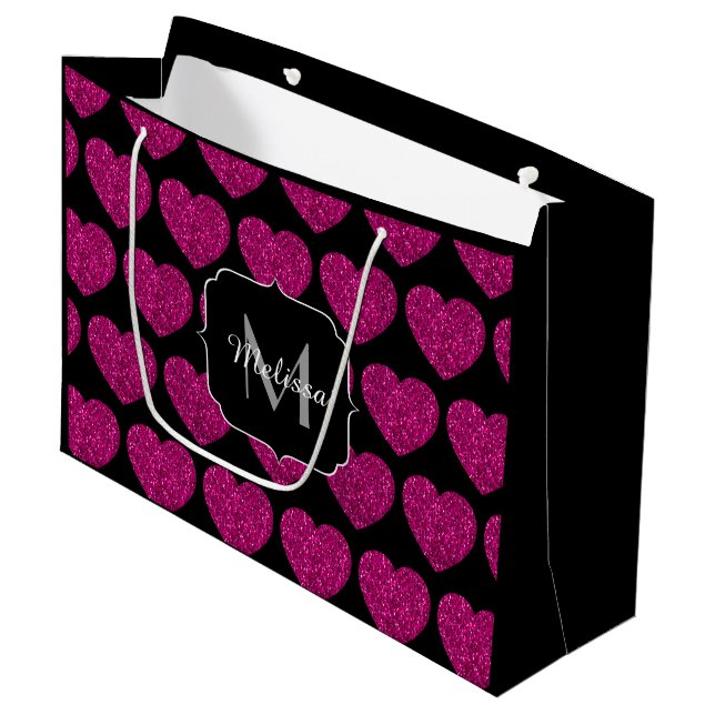 Imitate des heißen rosa Herzens Monogramm Große Geschenktüte (Vorderseite Schrägansicht)