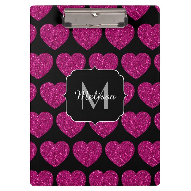 Imitate des heißen rosa Herzens Monogramm Klemmbrett (Vorderseite)