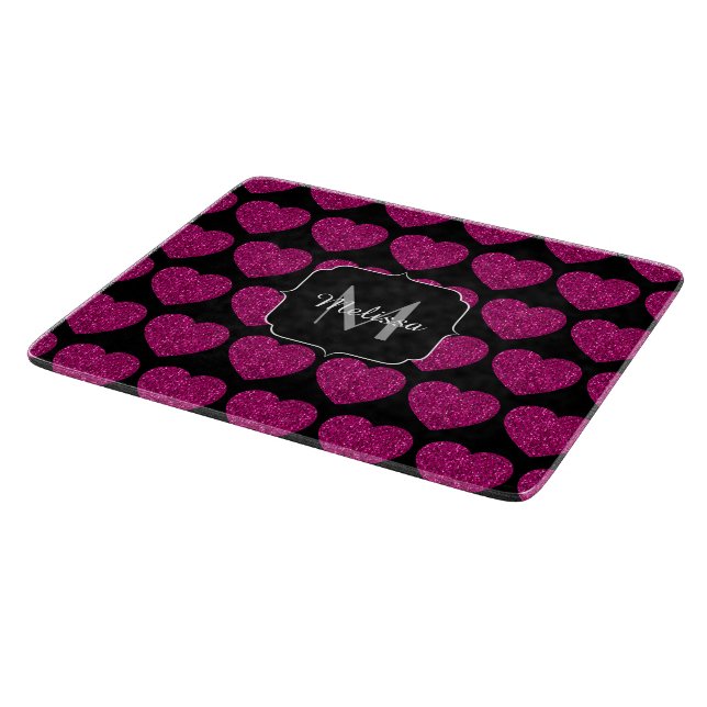 Imitate des heißen rosa Herzens Monogramm Schneidebrett (Ecke)