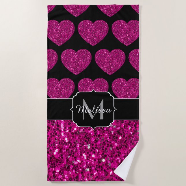 Imitate des heißen rosa Herzens Monogramm Strandtuch (Vorderseite)