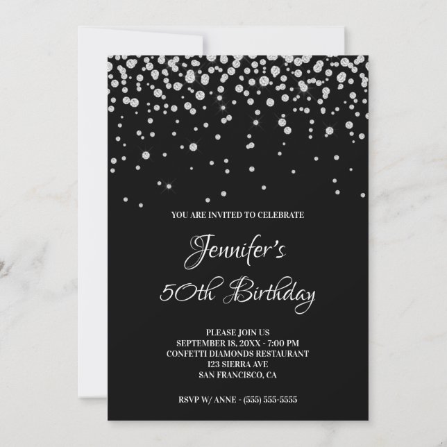 Imitate Diamonds Black 50. Geburtstag Einladung (Rückseite)