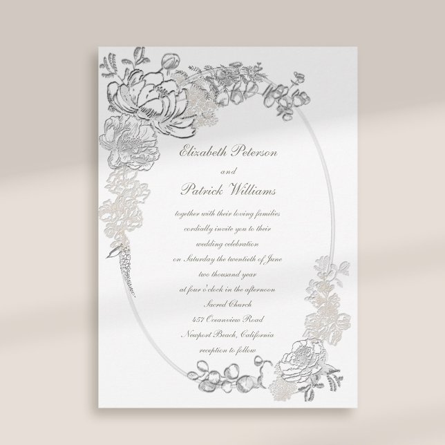 Imitate Embossed Peonies Calligraphy Ivory Wedding Einladung (peony wedding invitation floral oval frame formal traditional elegant calligraphy ivory classic)