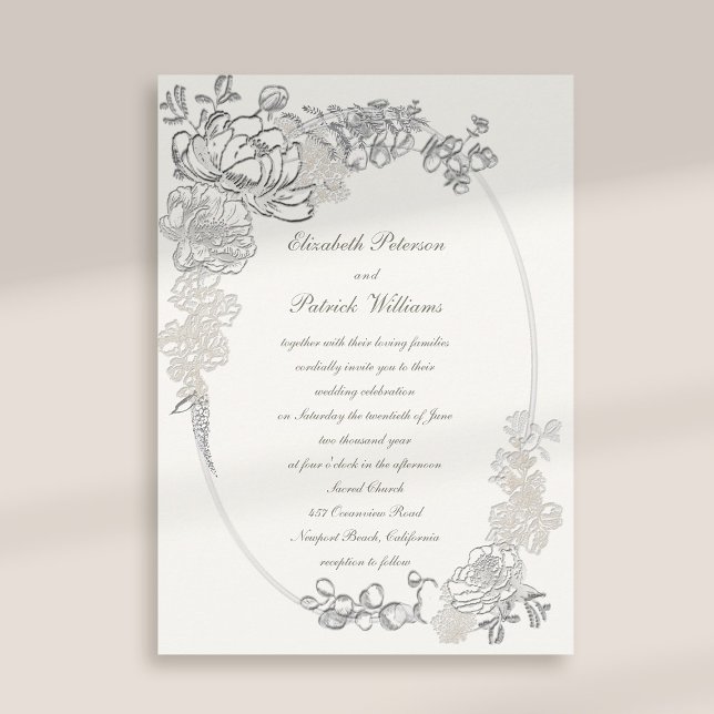 Imitate Embossed Peonies Calligraphy Pearl Wh Wedd Einladung (peony wedding invitation floral oval frame formal traditional elegant calligraphy pearl classic)