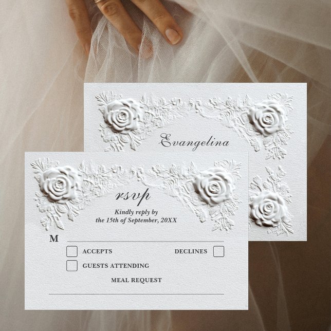 Imitate Embossed Rose Elegantes Skript Hochzeit RSVP Karte (Von Creator hochgeladen)
