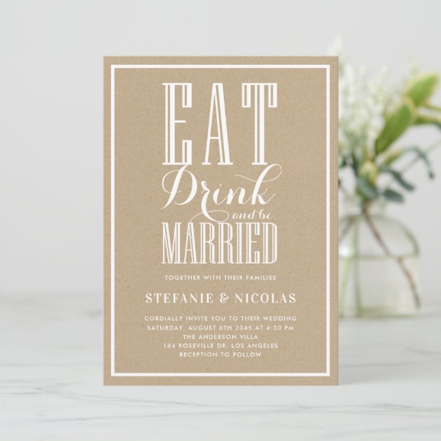 Imitate essen, trinken und Verheiratet Hochzeit. Einladung (Stehend Vorderseite)