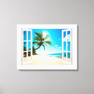 Imitate Fenster mit Strand und Ozean Custom Größe! Leinwanddruck