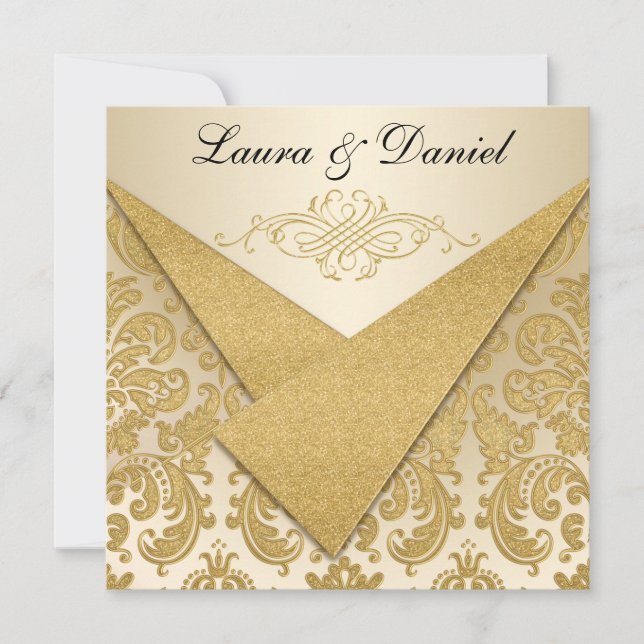 IMITATE FLAPS Gold Damask Kronleuchter Empfang Ein Einladung (Vorderseite)