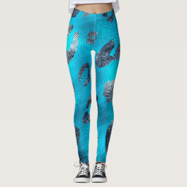 Imitate Foil Shiny Look Silver & Blue Leopard Prin Leggings