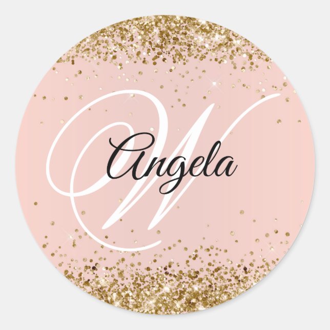 Imitate Funkelnd Gold Glitzer Blush Monogram Runder Aufkleber (Vorderseite)