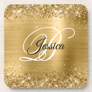 Imitate Funkelnd Gold Glitzer Foil Monogramm Getränkeuntersetzer