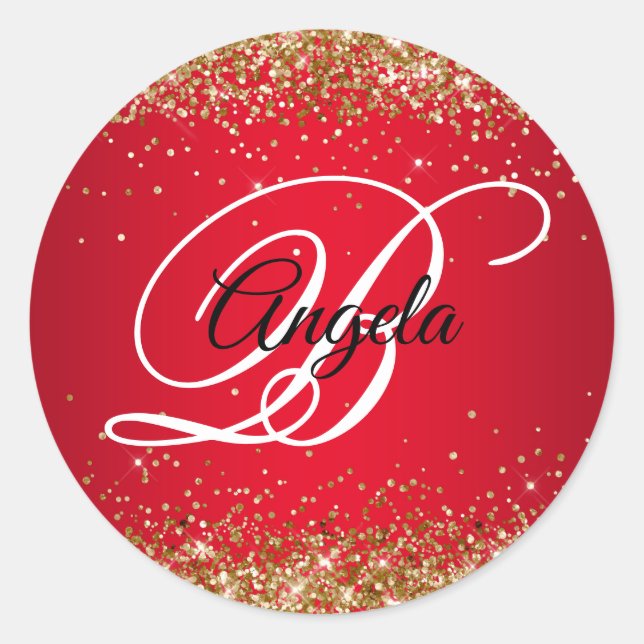 Imitate Funkelnd Gold Glitzer Red Ombre Monogram Runder Aufkleber (Vorderseite)