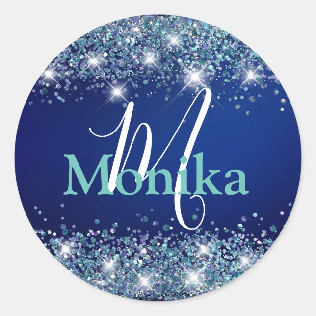 Imitate Funkelnd Mermaid Glitzer Blue Ocean Monogr Runder Aufkleber (Vorderseite)