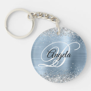 Imitate Funkelnd Silver Glitzer Blue Foil Monogram Schlüsselanhänger