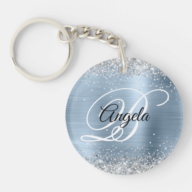 Imitate Funkelnd Silver Glitzer Blue Foil Monogram Schlüsselanhänger (Vorderseite)