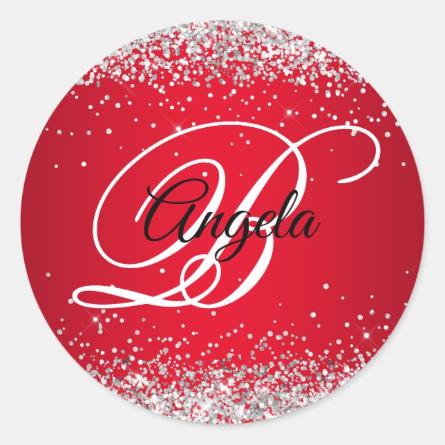 Imitate Funkelnd Silver Glitzer Red Ombre Monogram Runder Aufkleber (Vorderseite)
