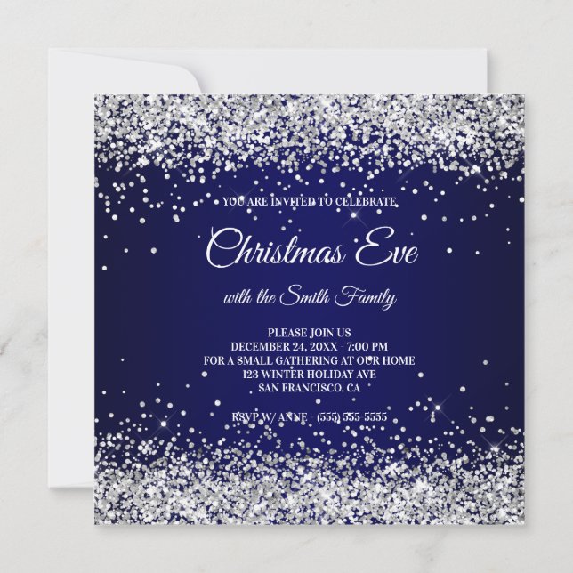 Imitate Funkelnd Silver Glitzer Weihnachtsnachtsna Einladung (Rückseite)