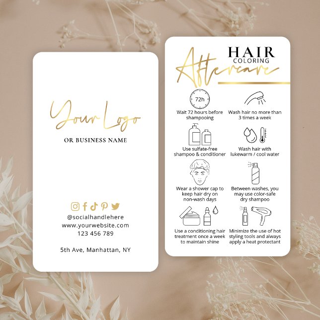 Imitate für die Haarfärbehilfe Visitenkarte (Hair color aftercare cards in white and faux gold with hair care icons and space for your logo)