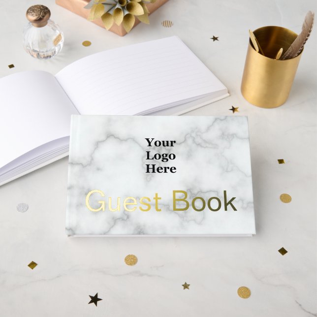 Imitate für Firmenlogos aus weißem Marmor und Gold Gästebuch (Vorderseite Offen)