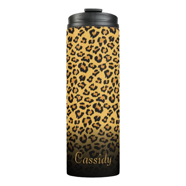 Imitate Fur Wild Leopard Print mit Goldname Thermosbecher (Vorderseite)