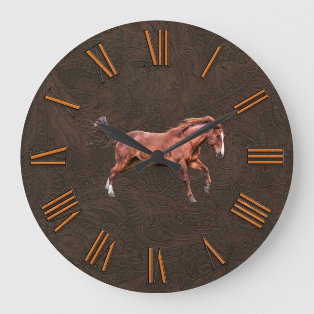 Imitate geschmückt, Leder mit Rotem Pferd geschnit Große Wanduhr (Vorderseite)