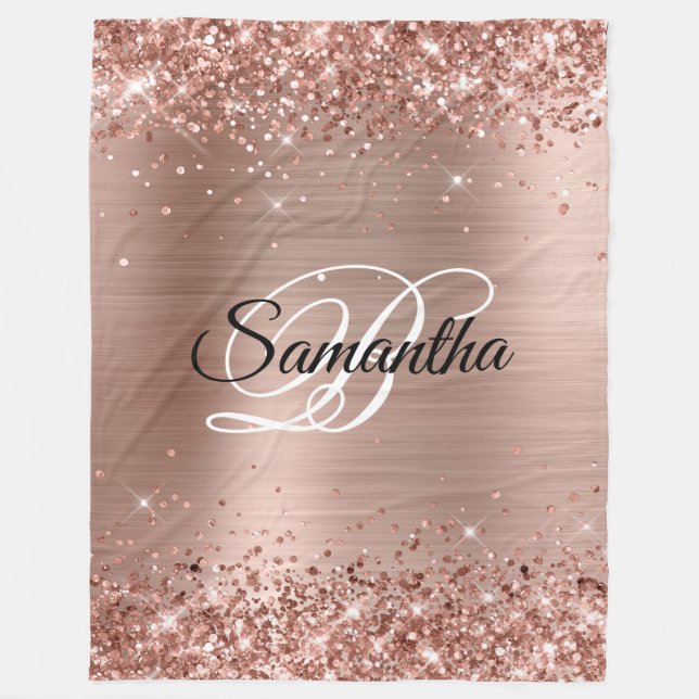 Imitate Glittery Rose Gold Foil Extravagant Monogr Fleecedecke (Vorderseite)