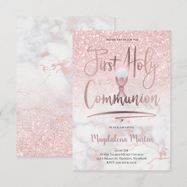 Imitate Glitzer auf rosa Marmor Erste Heilige Komm Einladung (Vorne/Hinten)