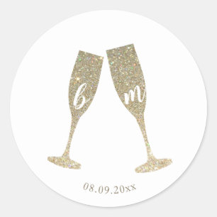 Imitate Glitzer Champagner Brillen Hochzeitsticker Runder Aufkleber