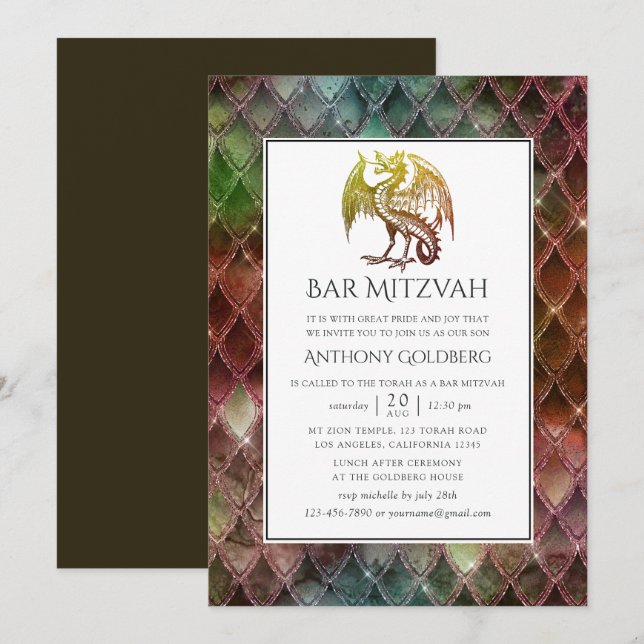 Imitate Glitzer Dragon thematisch Bar Mitzvah Einladung (Vorne/Hinten)